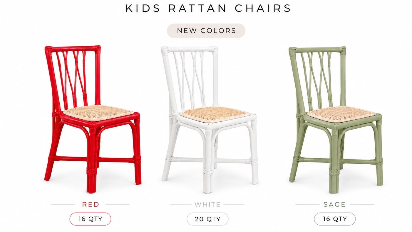 Rattan kids' party chairs in red, white and sage for a boho party
