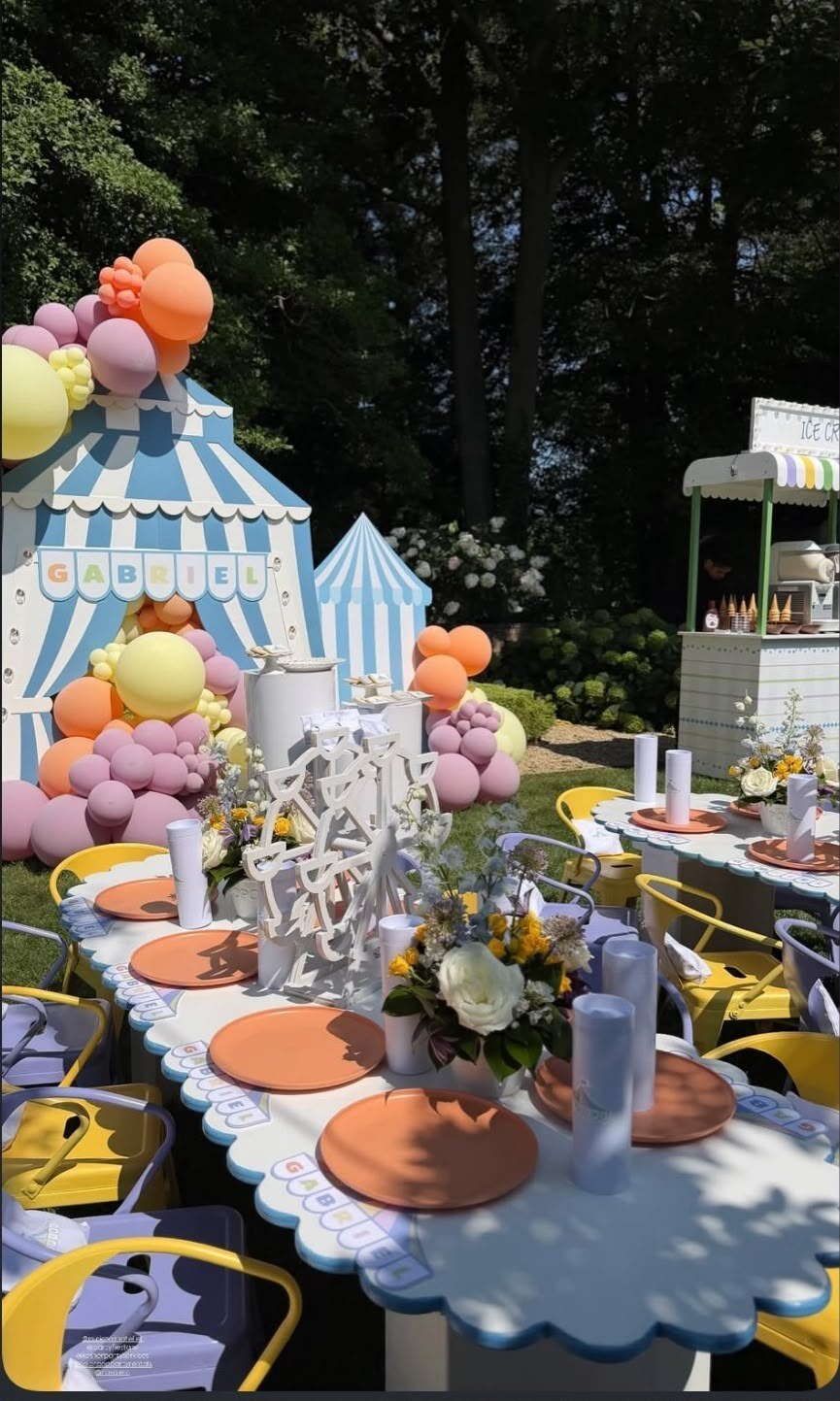 Carnival themed kids' party setup with striped styling