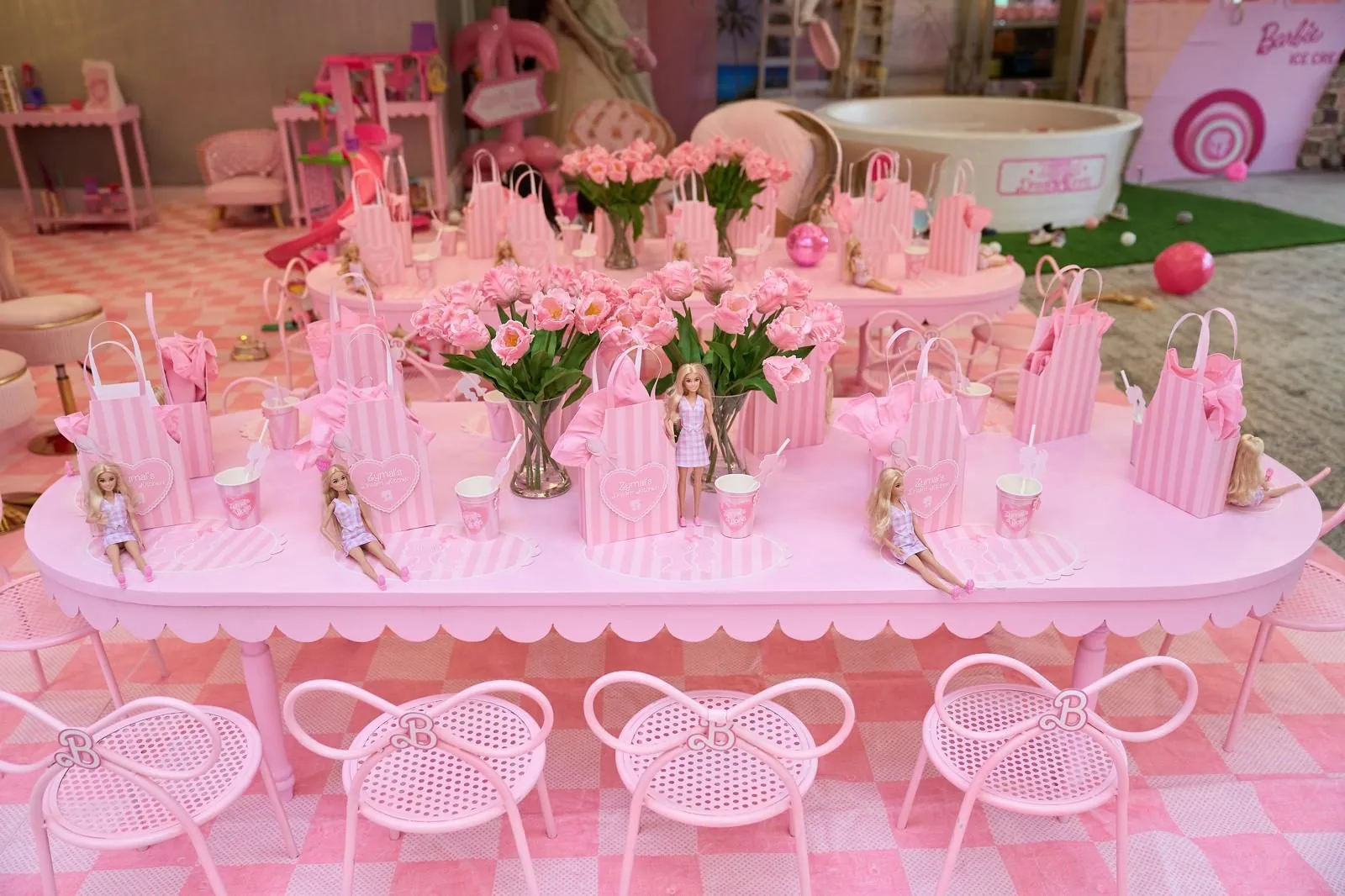 Barbie Dreamhouse party featuring pink children's chairs and tables from Mini Chairs Atelier
